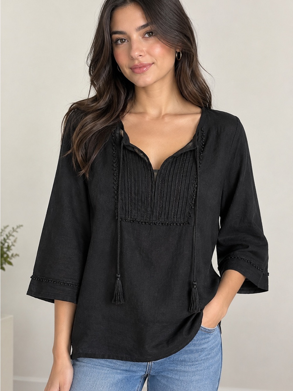 Jones New York Women’s Black Linen V-Neck Tassel Tie 3/4 Sleeve Blouse S